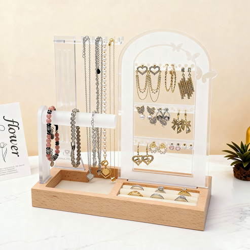 Custom frosted lavender arch jewelry stand organizer with elegant display for necklaces and earrings.
