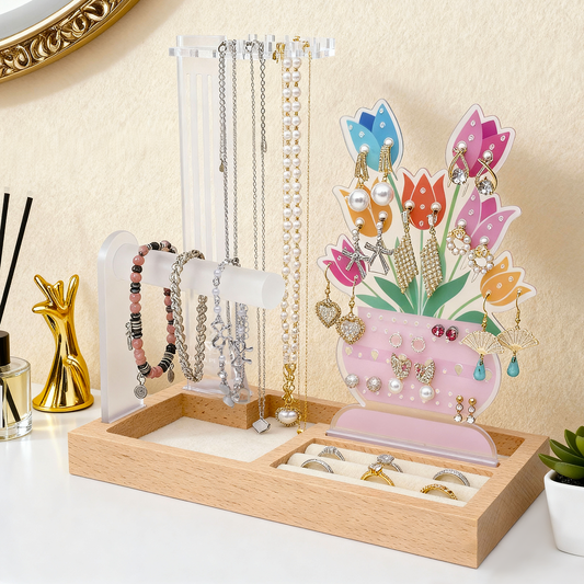 Frosted tulip jewelry organizer stand styled for an elegant vanity display