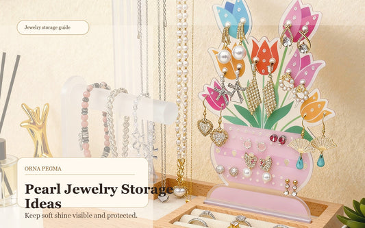 Pearl jewelry stored on an elegant vanity organizer