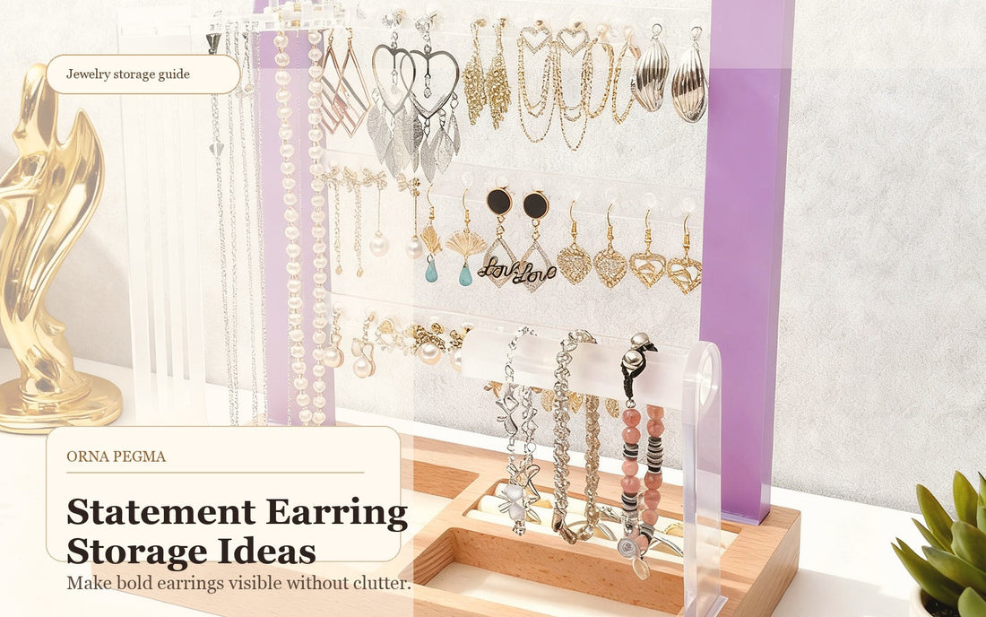 Statement earrings displayed on an Orna Pegma jewelry organizer stand