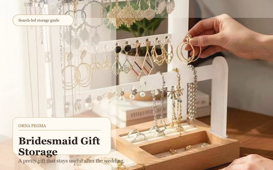 Jewelry organizer gift idea for bridesmaids with earrings and necklaces displayed