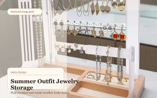 Summer outfit jewelry organized by necklaces, earrings, bracelets, and rings