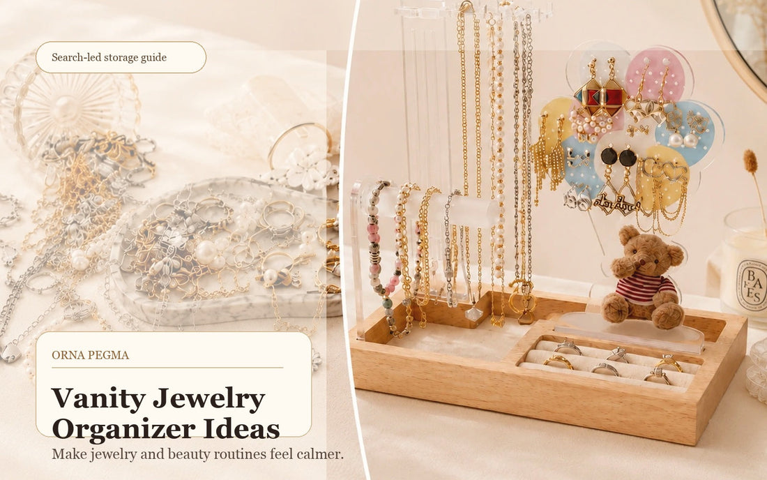 A vanity with jewelry organized beside beauty and makeup essentials
