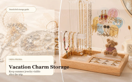 Vacation charm jewelry and summer earrings displayed on a vanity jewelry organizer