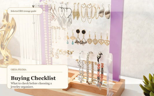 Jewelry organizer buying checklist for earrings necklaces rings and bracelets on an Orna Pegma stand