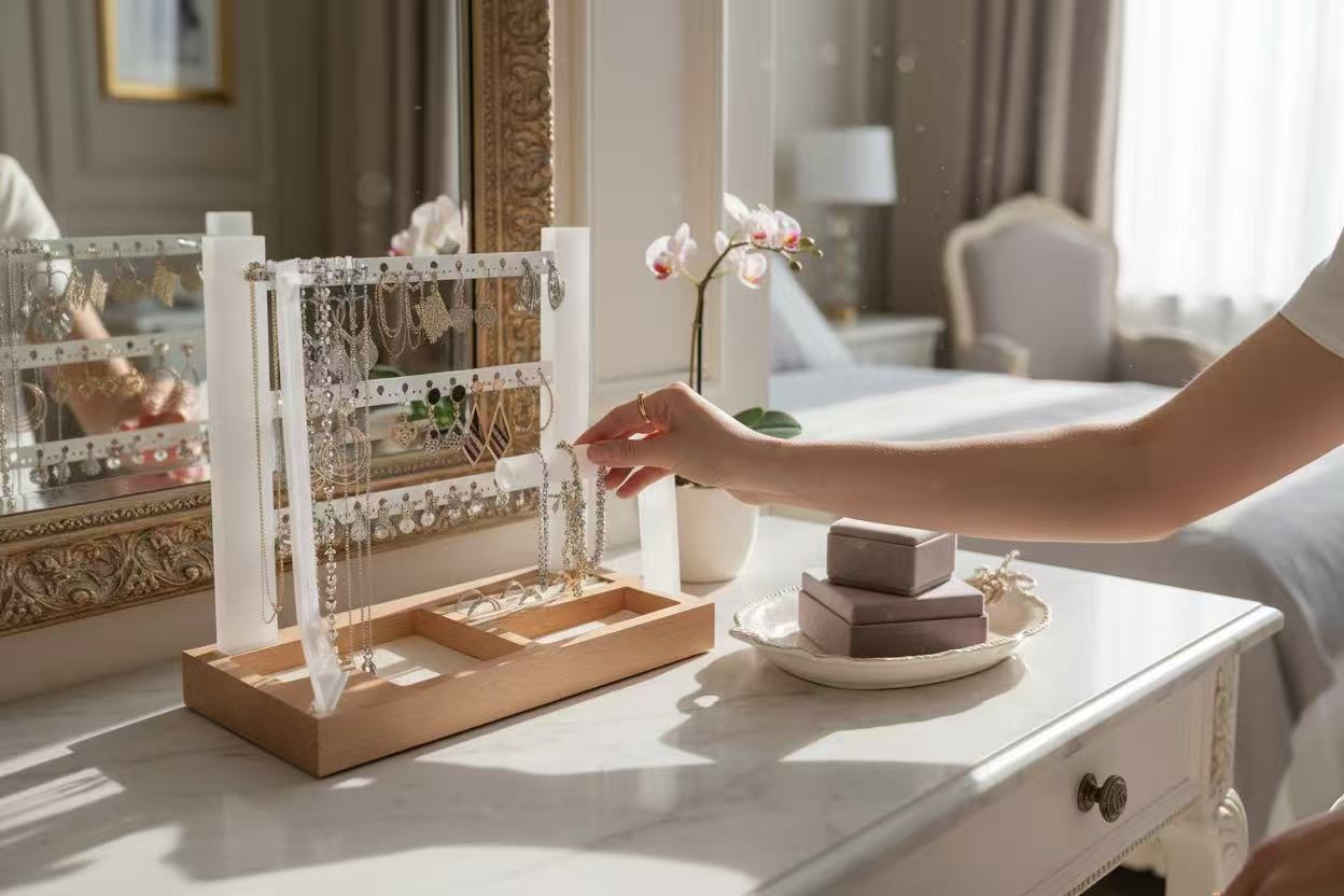 aesthetic elegant jewelry organizer stand lifestyle display for vanity decor bedroom