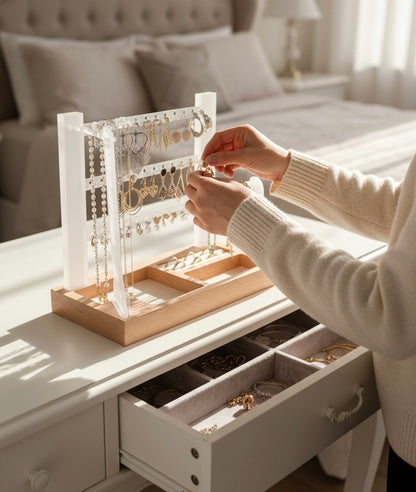 styled elegant jewelry organizer stand lifestyle display for vanity decor setup
