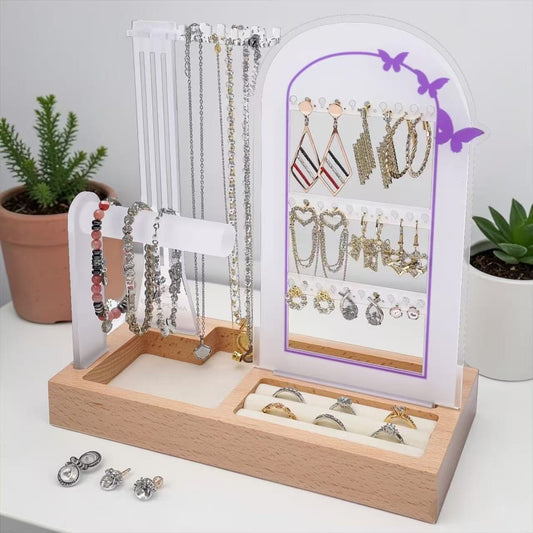 Purple Butterflies White Arch Jewelry Organizer Stand Display – Frosted Acrylic tiered storage for Earring Necklace Braclet Bangle Ring with Velvet padded Wood Base