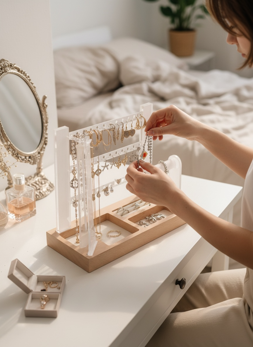 styled elegant jewelry organizer stand lifestyle display for vanity decor setup