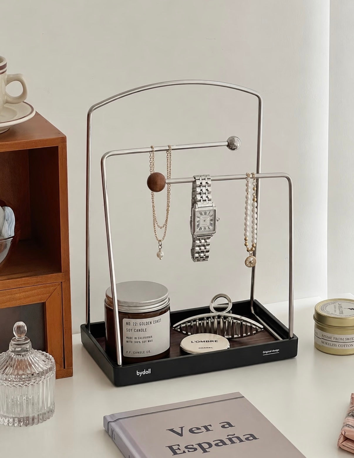 Simple retro jewelry storage rack, desktop jewelry hanger, stainless steel jewelry display rack, entryway miscellaneous items tray