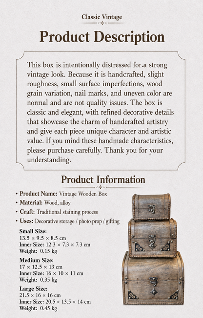 Antique-style locked jewelry box, desktop antique wooden box, old-fashioned prop jewelry box, original set in small, medium and large sizes.