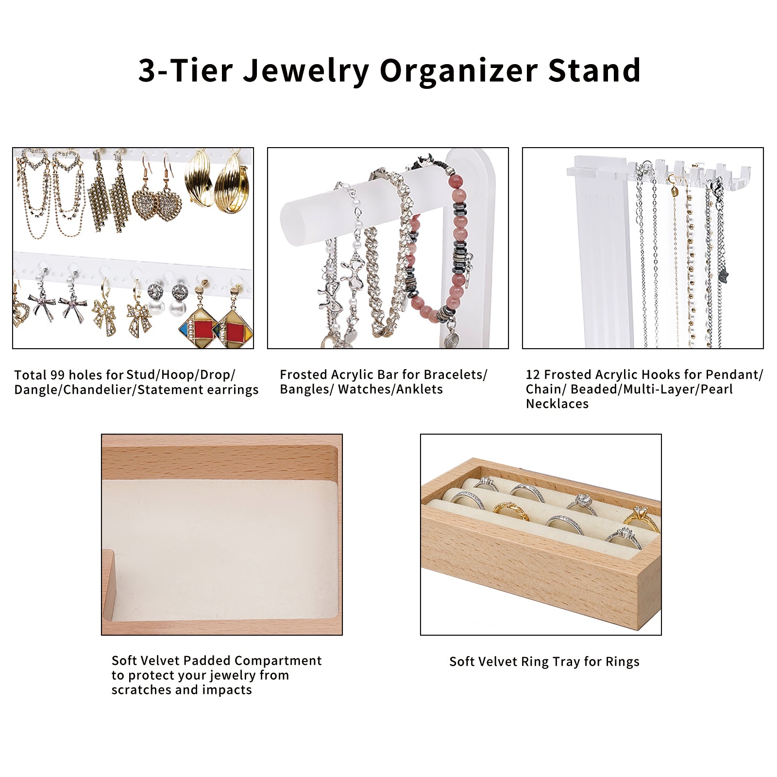 modern smoky frosted 3 tier acrylic jewelry organizer stand for earrings and necklaces display
