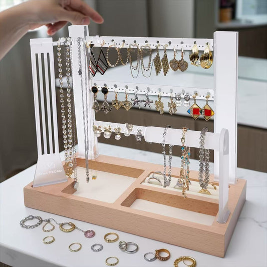 3 tier clear frosted acrylic jewelry organizer stand display tower minimalist aesthetic design for earring necklace bracelet bangle ring storage with wood base