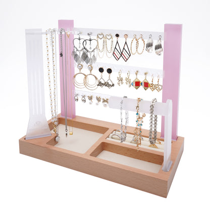 premium pink 3 tier acrylic jewelry organizer stand for earrings and necklaces wooden base