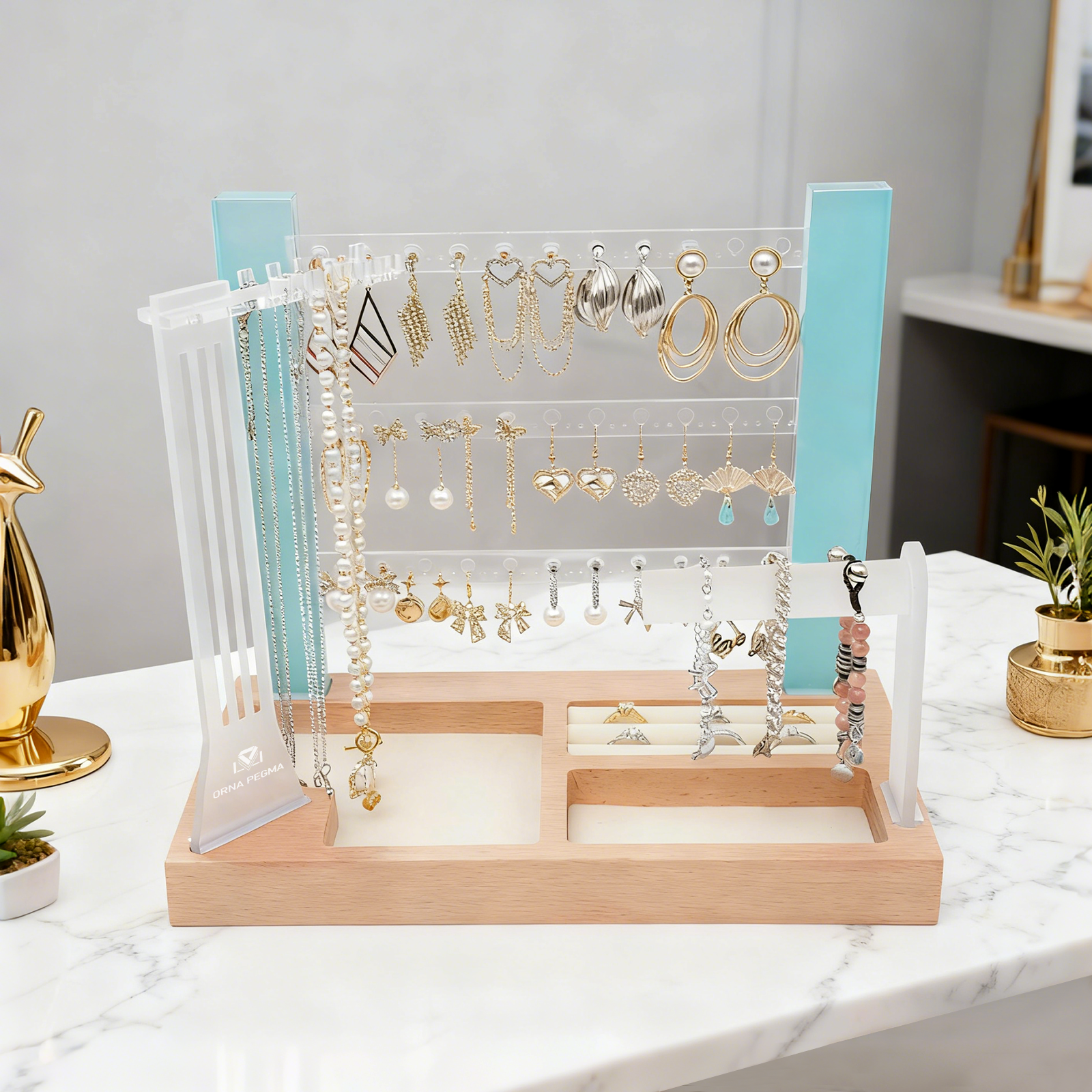 modern turquoise 3 tier acrylic jewelry organizer stand for earrings and necklaces display