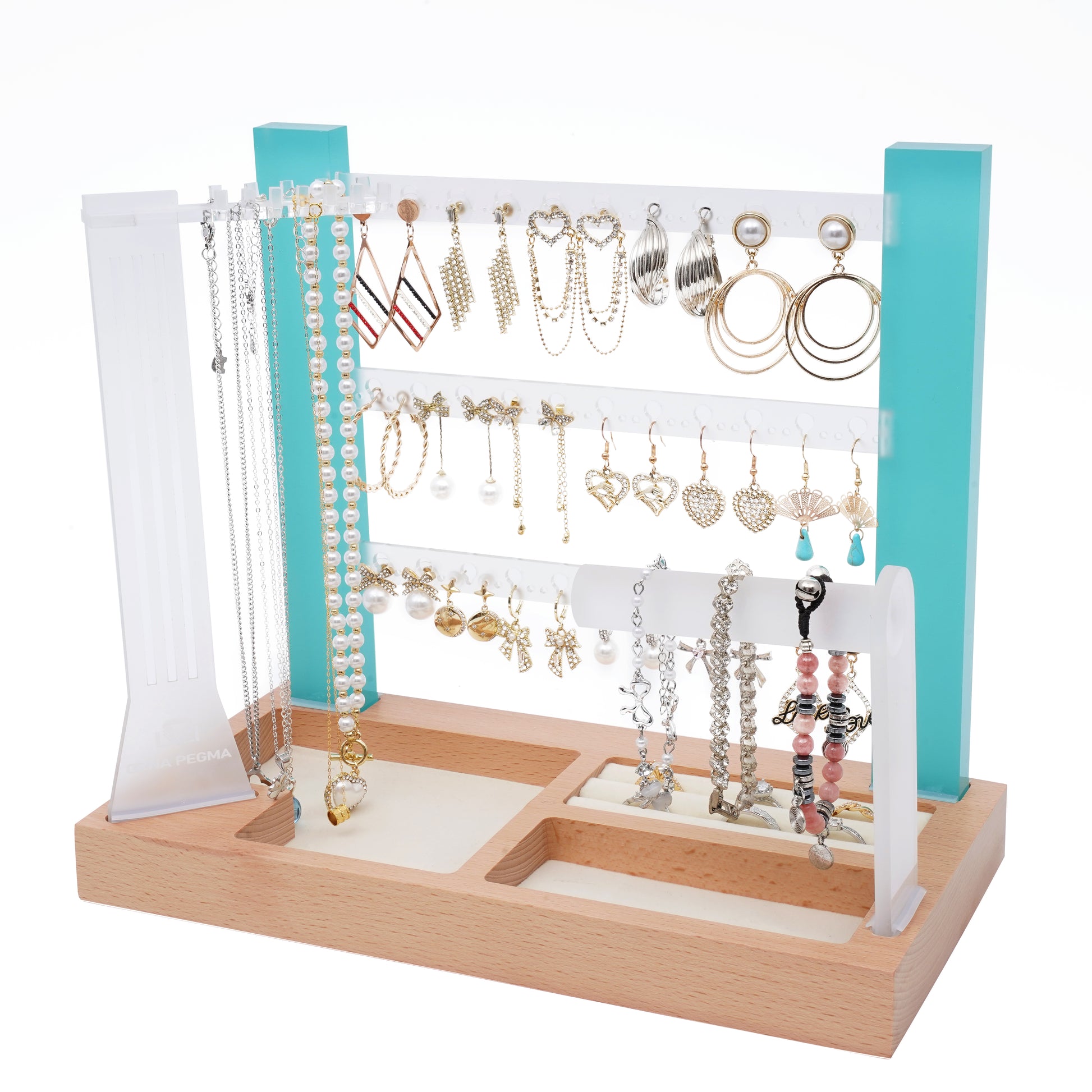 premium turquoise 3 tier acrylic jewelry organizer stand for earrings and necklaces wooden base
