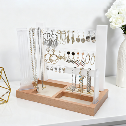 white 3 tier frosted acrylic jewelry organizer stand with wood base for vanity