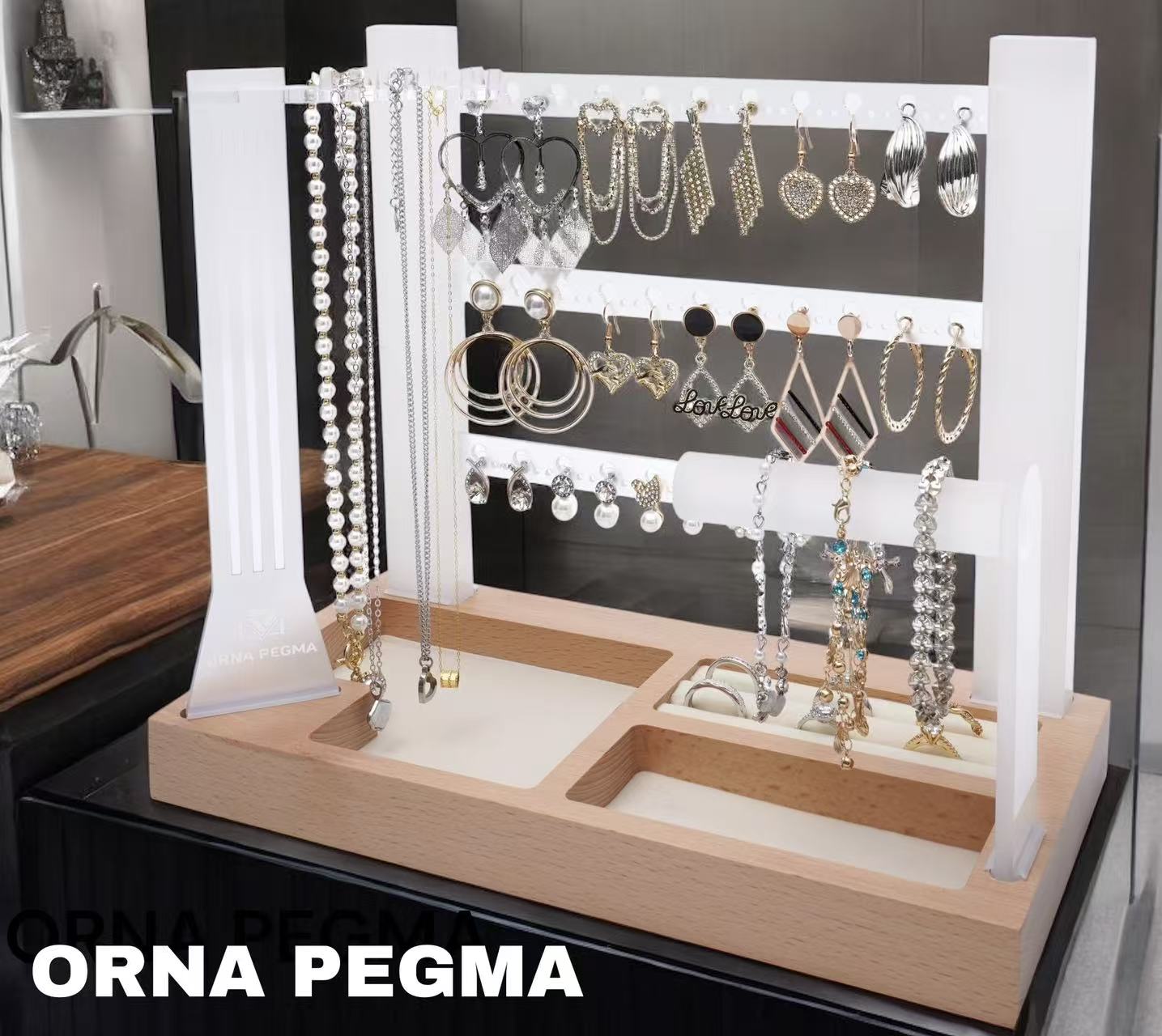 styled elegant jewelry organizer stand lifestyle display for vanity decor setup
