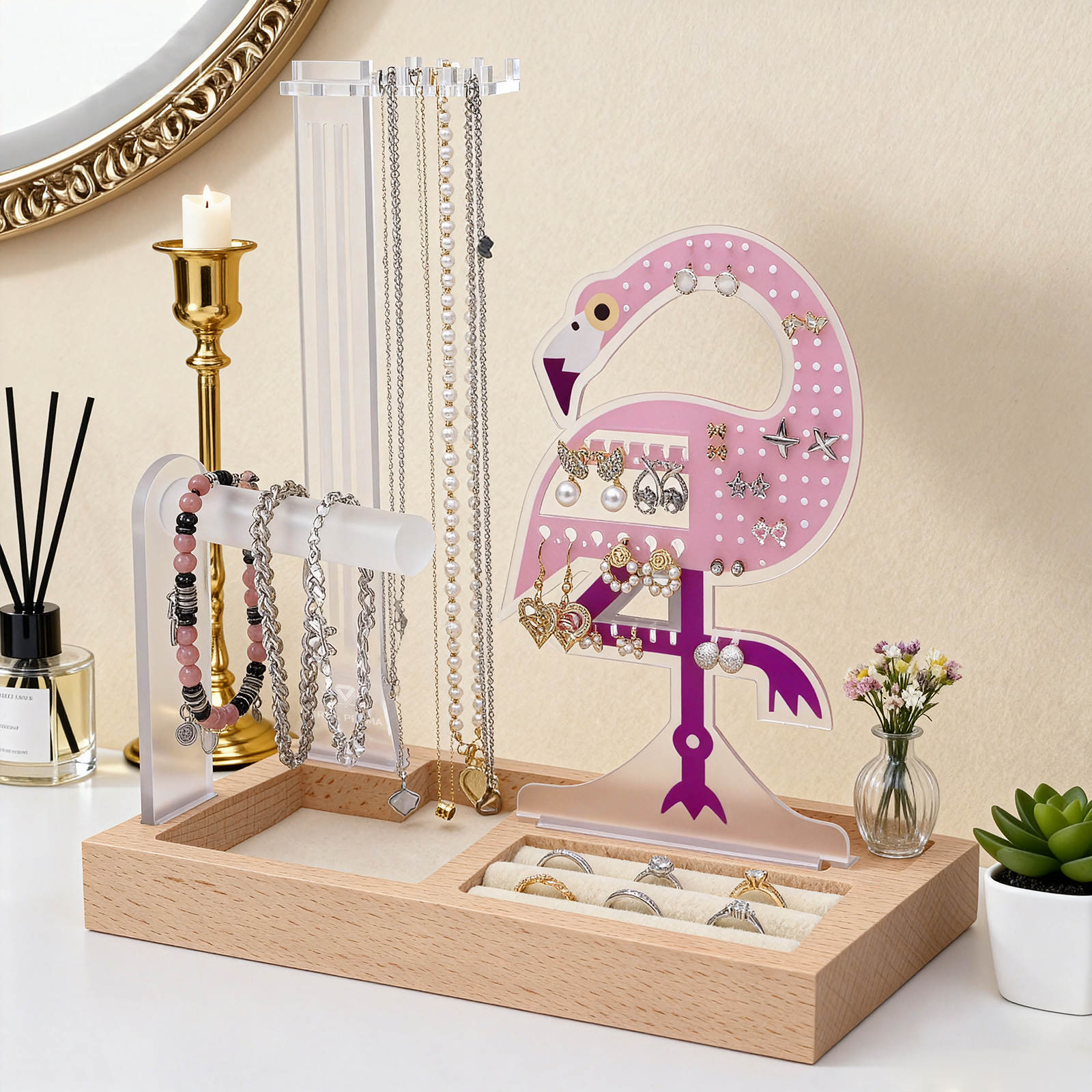 flamingo themed jewelry organizer stand display for necklace storage