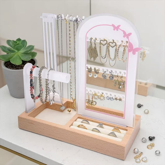 Pink butterflies white arch acrylic jewelry organizer stand display tower with wood base - minimalist design jewelry storage for earring necklace bracelet ring