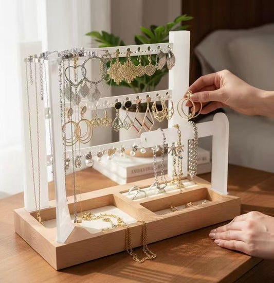 3-Tier White Frosted Acrylic Jewelry Organizer Stand Display Tower with Wood Base Minimalist Design Vanity Storage for Earring Necklace Bracelet Ring