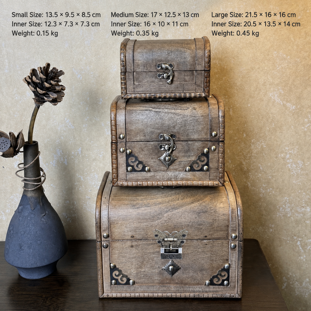 Antique-style locked jewelry box, desktop antique wooden box, old-fashioned prop jewelry box, original set in small, medium and large sizes.