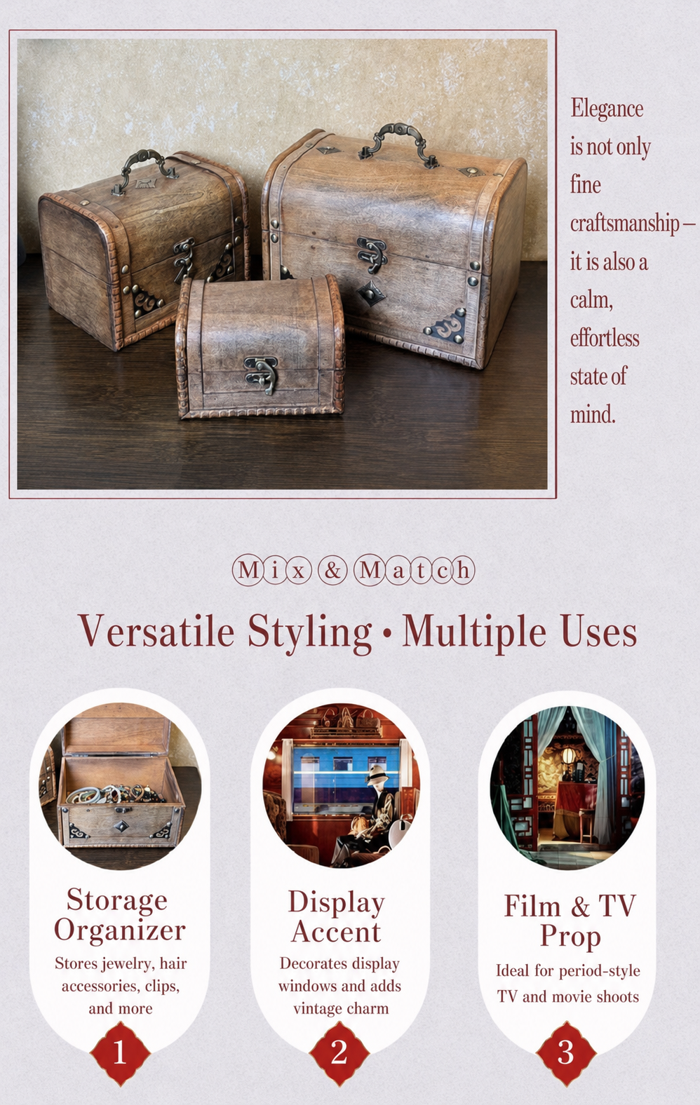 Antique-style locked jewelry box, desktop antique wooden box, old-fashioned prop jewelry box, original set in small, medium and large sizes.