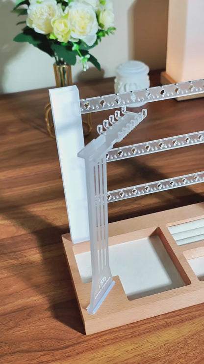 3-Tier White Frosted Acrylic Jewelry Organizer Stand Display Tower with Wood Base Minimalist Design Vanity Storage for Earring Necklace Bracelet Ring