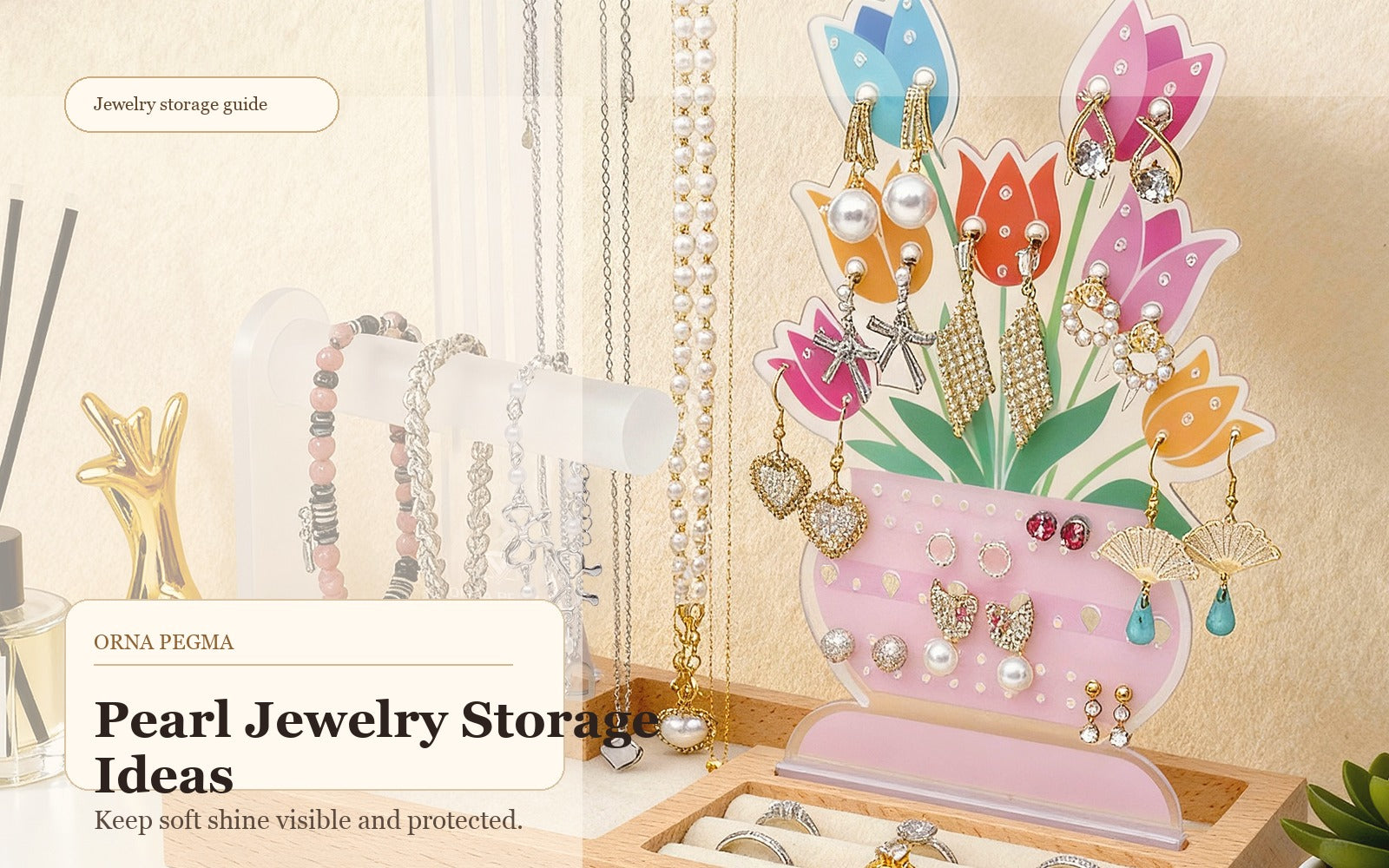 Pearl jewelry displayed on a soft vanity organizer