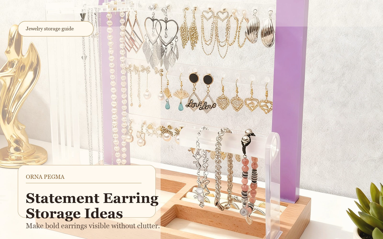 Statement earrings arranged on a jewelry organizer stand