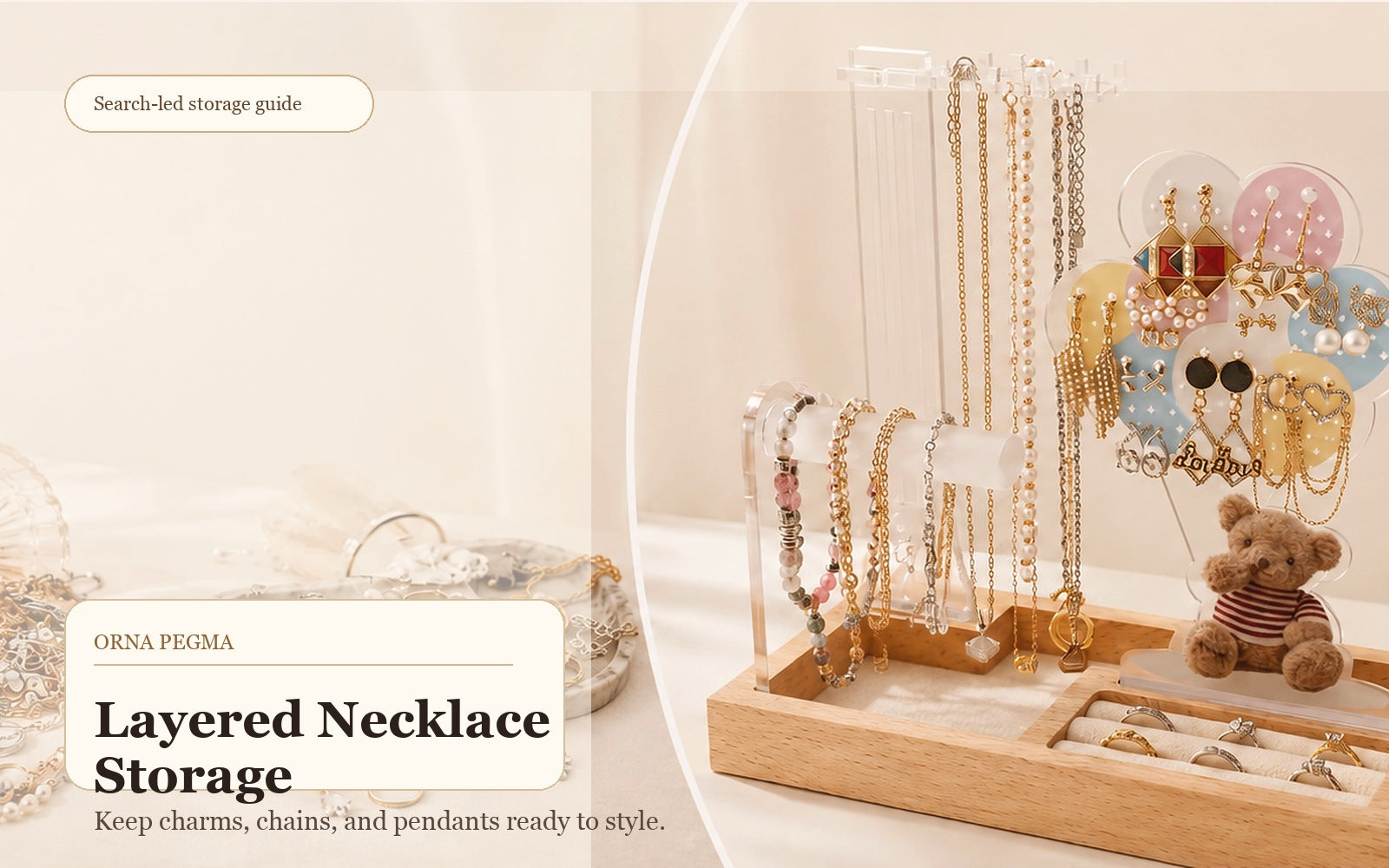 Layered necklaces and charm jewelry displayed on an Orna Pegma organizer